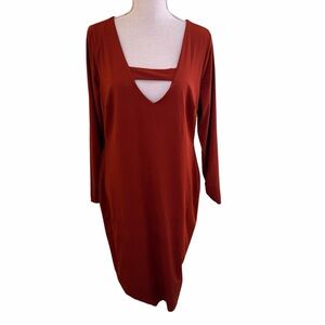 Bar III Goo Goo Rust Long Sleeve V-neck with Bar Detail Bodycon Dress 0X